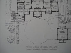 Esher Lodge with Plans, in Surrey, England, 1915. Sheppard & Harris. Lithograph