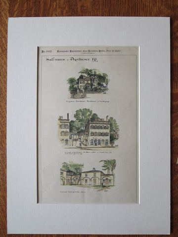 Sketches in Providence, RI, 1887. Original Plan Hand Colored