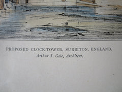 Clocktower, Surbiton, England, 1905. A.J. Gale, Original Plan Hand Colored