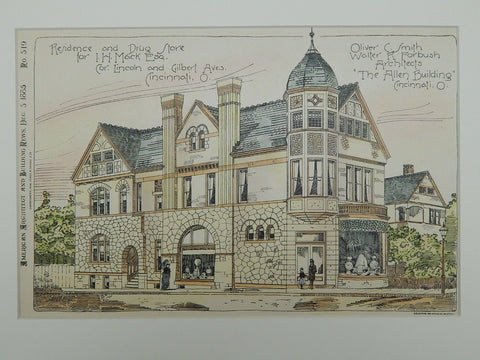 Residence and Drug Store for I. H. Mack, Cincinnati, OH, 1885, Original Plan. Oliver C. Smith & Walter R. Forbush.