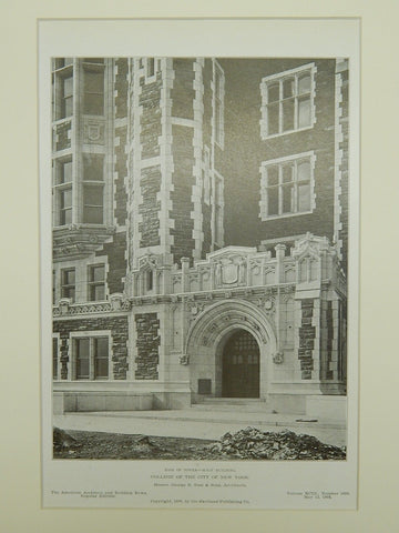 Base of Tower, College of the City of New York, NY, 1908, Lithograph. George B. Post & Sons.