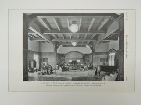 Club Room, Boathouse of John Hay Whitney, Manhasset, NY, 1929, Lithograph. La Farge, Warren & Clark.