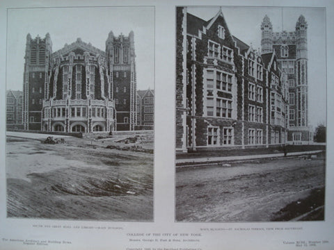 College of the City of New York: South End Great Hall and Library-Main Building and the Main Building- St. Nicholas Terrace, View from Southeast, New York, NY, 1908, Messrs. George B. Post & Sons