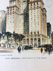 Hotel Savoy Plaza, Fifth Avenue, New York, 1929, Original Hand Colored -