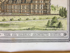 New College Buildings, Harvard University, Cambridge MA, 1879, Original Hand Colored