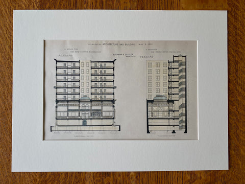 Coffee Exchange, Elevations, New York, NY, 1890, Original Hand Colored -