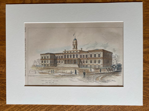 City Hall, New York, NY, 1880, Sketched by P H Gilvarry, Original Hand Colored -