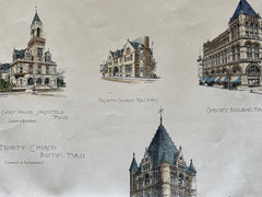 Public Architecture by H H Richardson, MA, 1886, Hand Colored Original -