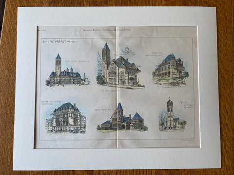 Public Architecture by H H Richardson, 1886, Hand Colored Original -