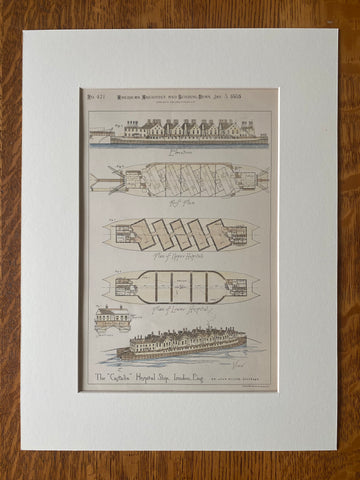 Castalia Hospital Ship, London, England, 1885, Original Hand Colored -