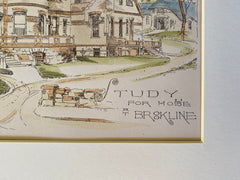 Study for a House at Brookline, MA, 1885, W G Preston, Original Hand Colored -