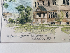 School Building, Saco, ME, 1887, John Calvin Stevens, Original Hand Colored -