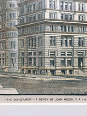 Skyscraper by John Moser, Washington DC, 1894, Original Hand Colored *