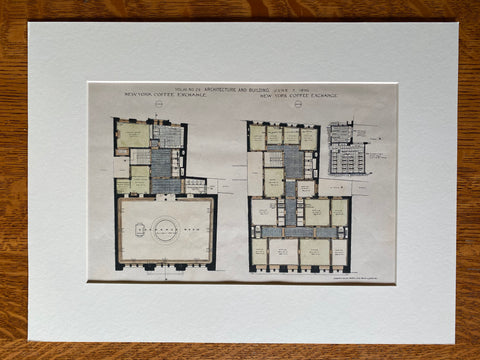 Coffee Exchange Floor Plans, New York, 1890, Original Plan Hand Colored -