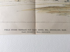 Dana Estes Estes, Stone Terrace, Brookline, MA, 1895, Original Hand Colored -