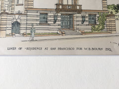 W B Bourn Residence, San Francisco, CA, 1896, Original Hand Colored -