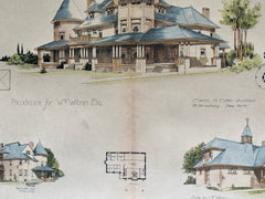 William Wilson Residence, New York, 1892, Manly N Cutter, Hand Colored, Original -